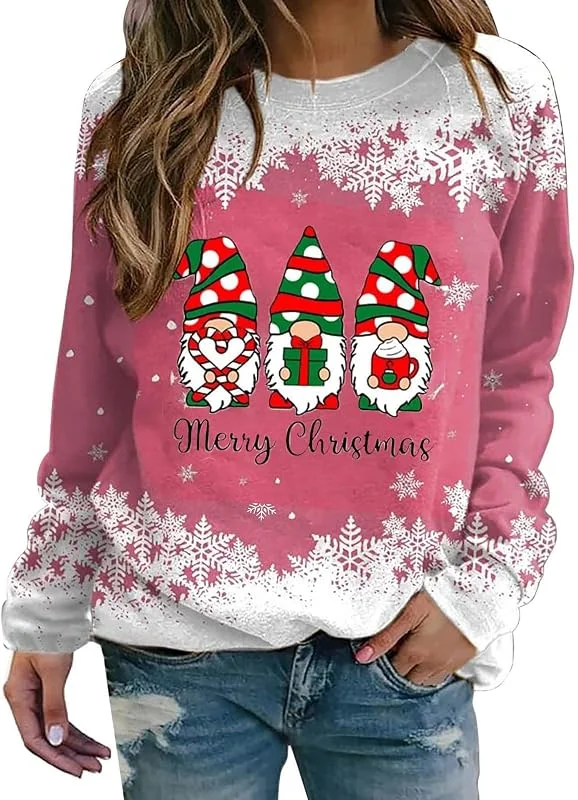 Generic HUIFUAO - Sudadera de Navidad para mujer, suéteres de Navidad para mujer, diseño de gnomos de Papá Noel, cuello redondo, manga larga, suéter de Navidad para mujer — Ropa Navidad