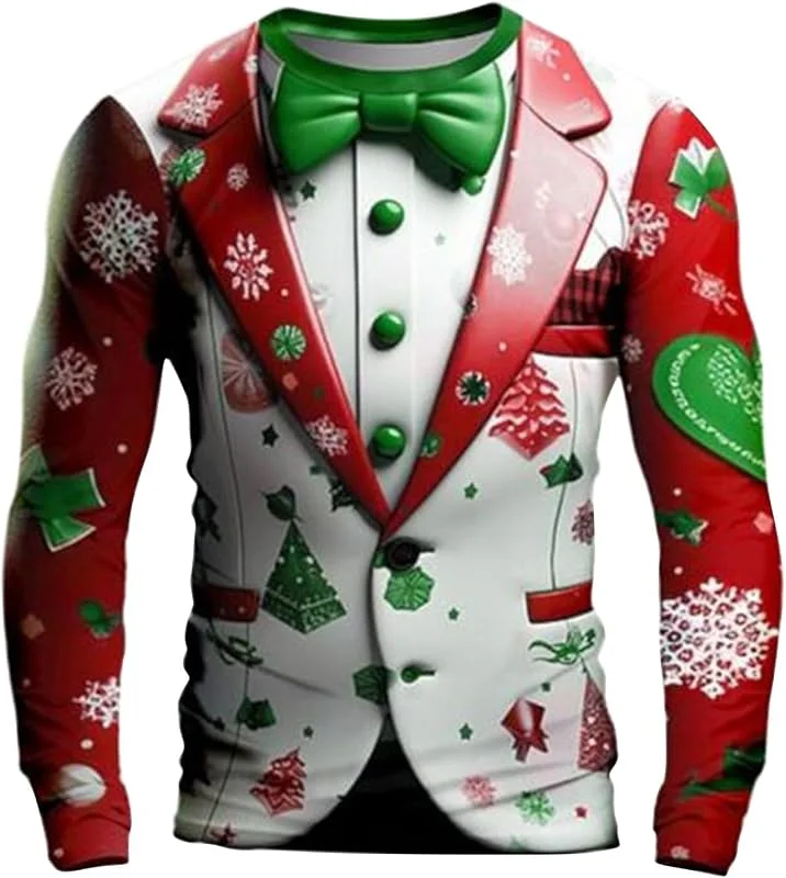 Generic Jersey de Navidad para hombre, traje falso impreso en 3D, suéter feo con diseño de árbol de copo de nieve, camiseta de manga larga para fiesta de Navidad, cena, graduación, boda, esmoquin — Ropa Navidad