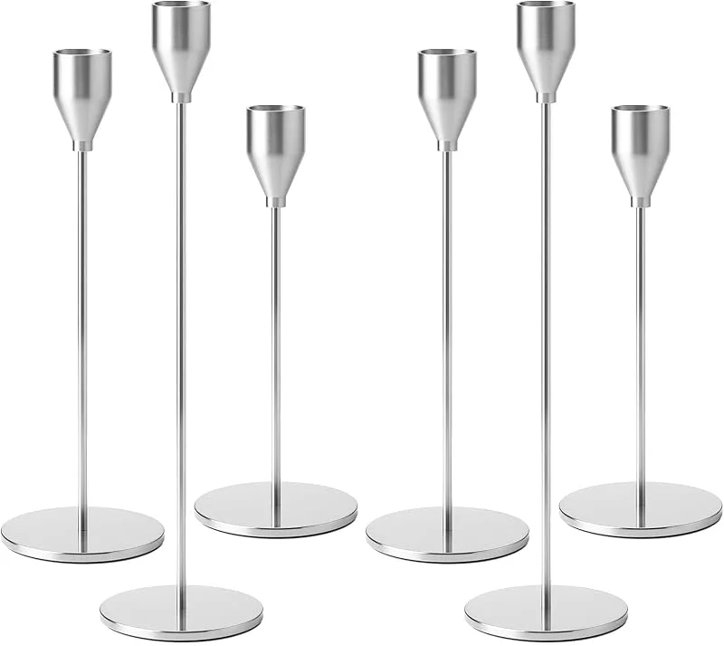 Druuzyl 6 Candelabros Plata para Velas 33, 29, 23cm - Juego de Portavelas Vintage para Bodas y Cenas Románticas - Decoración de Mesa Elegante para Aniversarios y Fiestas (Plata) — Cena a la luz de velas