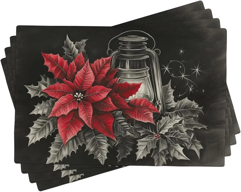 Generic Juego de 4 manteles individuales de Pascua de Navidad, manteles individuales florales rojos para mesa de comedor de invierno, lavable, decoración de mesa de Navidad para interiores y exteriores, 18 x — Hogar y cocina