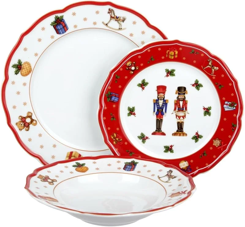 KASANOVA Juego de mesa con 3 platos de Navidad, diseño de soldados, color rojo — Adviento y mesa