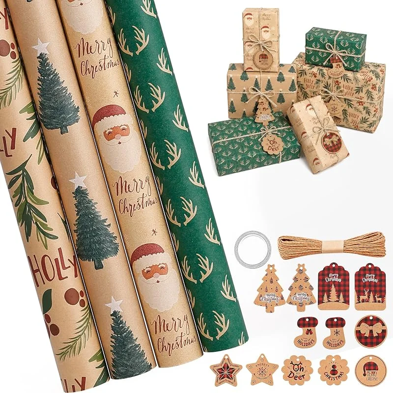 TIKONT Juego de 4 rollos de papel de regalo de Navidad, 43 cm x 15 m, papel de estraza para envolver regalos de Navidad, incluye 24 etiquetas de regalo, cinta de yute y cinta adhesiva — Envoltorio regalo