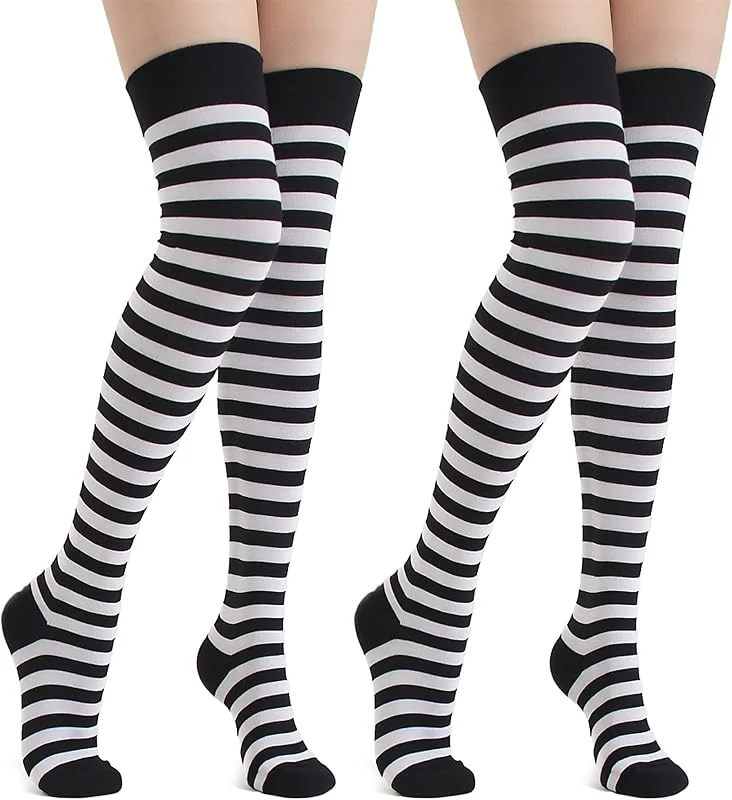 Wildarms halloween striped thigh high socks 2 pares - 3 colors over knee socks for christmas cosplay costume accessorie (, b, 2, morado, negro 21.7in) — Ropa Navidad