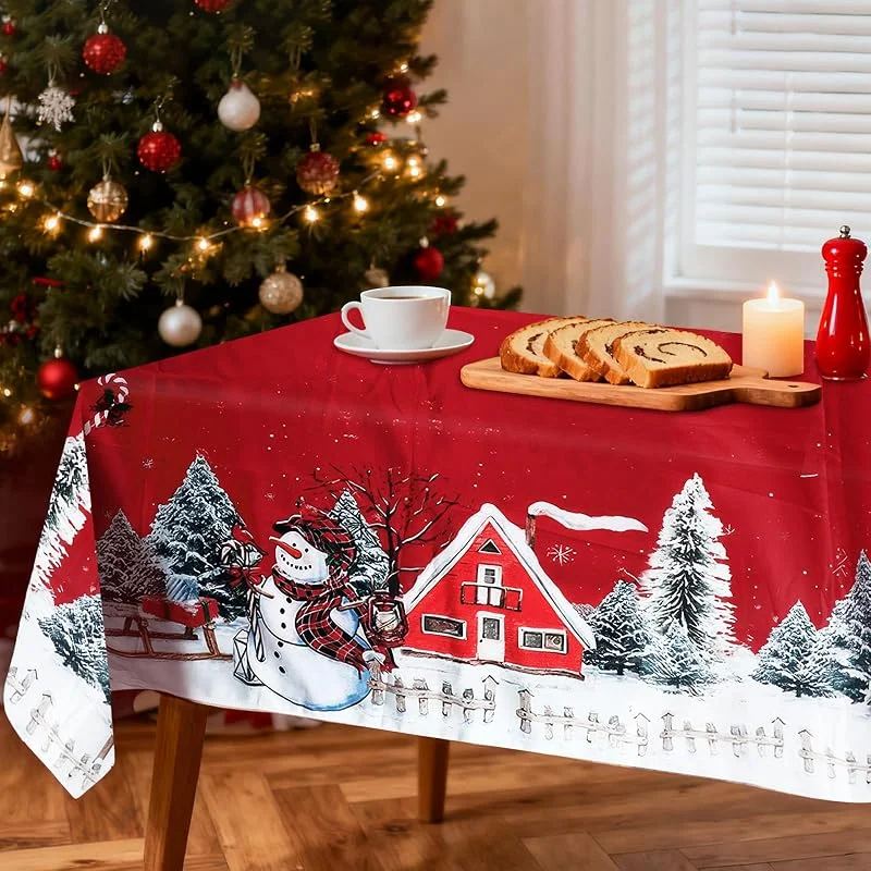 ZoneYan Mantel de Navidad Antimanchas, 140 x 180 cm Manteles Navideños Rectangular con Muñeco de Nieve y Árbol de Navidad, Mantel de Navidad Rojo, Decoración de Mesa de Fiesta — Hogar y cocina