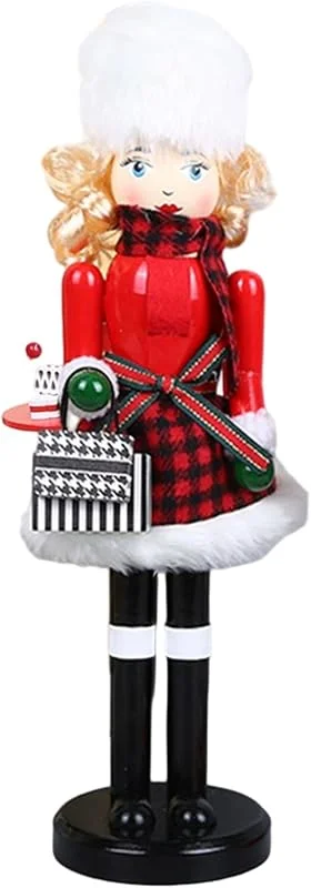 Odoukey Decoración navideña de Madera de Cascanueces, Figura de Cascanueces de señora de Compras de 16 Pulgadas con Bolso, para Estante y exhibición de Mesa — Decoracion Navidad
