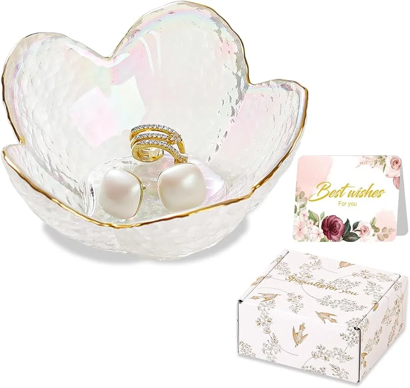 Binoster Plato de Joyería Floral Blanco Plato de Anillos de Vidrio Bandeja de Joyería Linda Organizador de Tocador Decoración de Habitación Estética Mesita de Noche Decoración de Baño Plato de Baratija Soporte — Hogar y cocina