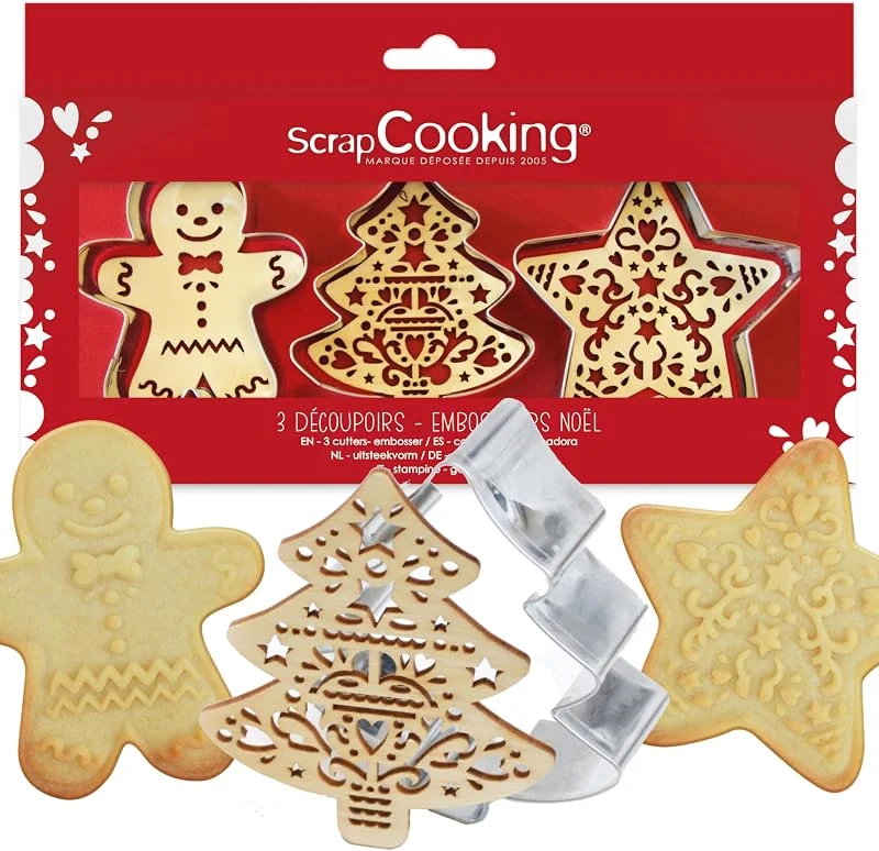 Visita la tienda de ScrapCooking ScrapCooking - 3 Cortadores y Estampadores de Madera «Navidad» - Árbol, Estrella, Hombre de Jengibre - Cortapastas de Acero Inoxidable para Galletas en Relieve - Moldes y Accesorios Repostería - 2110 — Hogar y cocina