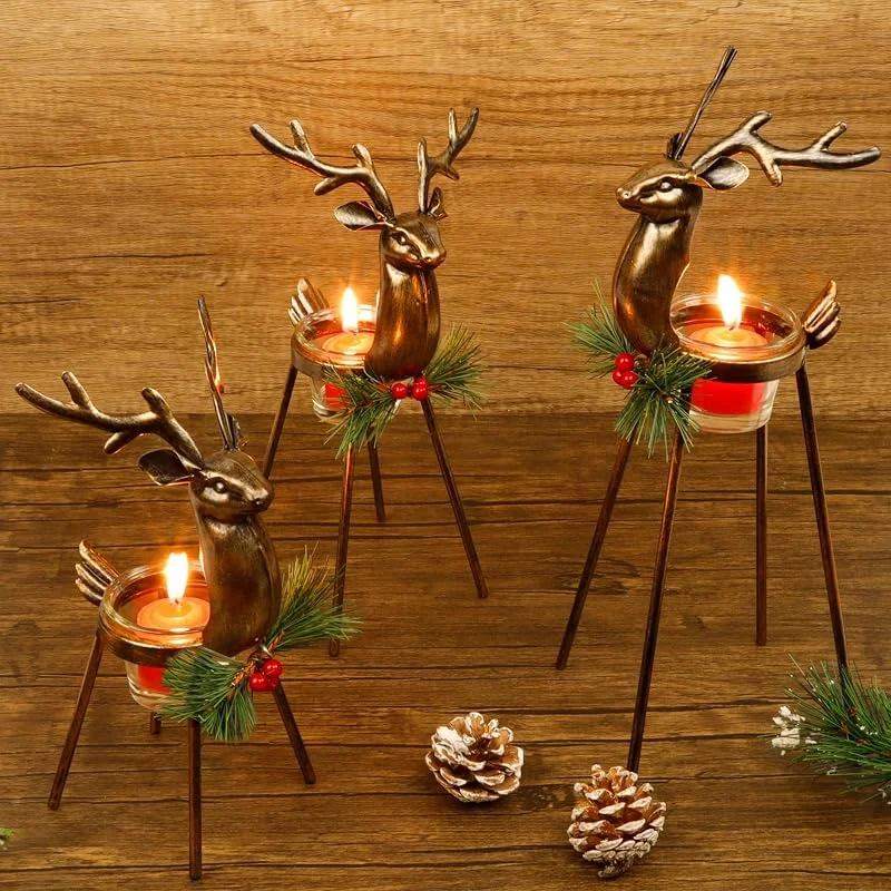 Juegoal Juego de 3 portavelas de Reno, decoración navideña de Metal de Hierro de pie, portavelas votivo de Cristal, Duradero y Resistente al óxido, Centro de Mesa y exhibición — Cena a la luz de velas