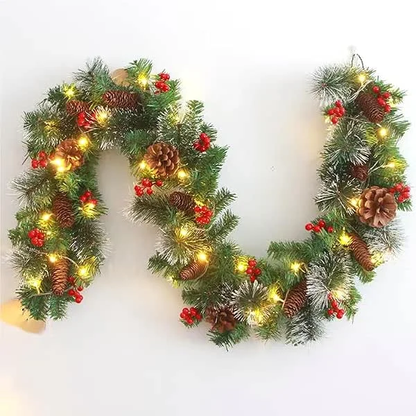 Meiruier Guirnalda de Navidad de 180 cm, guirnalda de luces LED, corona de Navidad reutilizable con cono de pino y guirnaldas de Navidad ligeras, decoraciones para escaleras, chimeneas, puertas — Decoracion Navidad