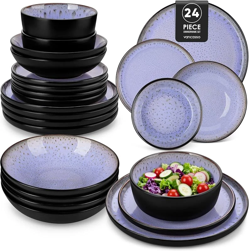 Visita la tienda de vancasso vancasso AMBER Juego de Vajilla Completo para 6 Personas, Plato Vajilla 24 Piezas de Gres - Platos Llanos, Platos de Postre, Ensaladeras y Cuencos - Apto para Lavavajillas, Esmalte Reactivo Violeta — Adviento y mesa