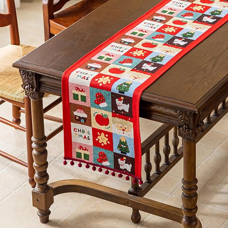Andiker Camino de mesa de Navidad, 13 x 70 in, 35 x 180 cm, mantel de lino de algodón con motivos navideños y borlas de pompones, decoración de mesa de Navidad para el hogar, fiesta festiva (rojo) — Hogar y cocina