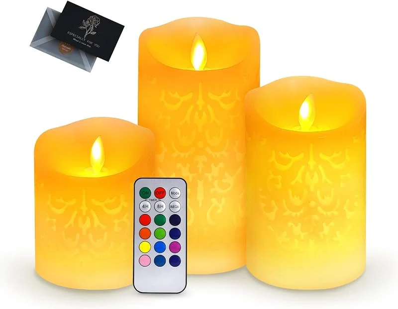 UCAMP Velas LED Efecto Llama - Pack de 3 Velas Eléctricas de Cera Real Con Control Remoto y Batería para Decoración, Bodas, Navidad — Cena a la luz de velas