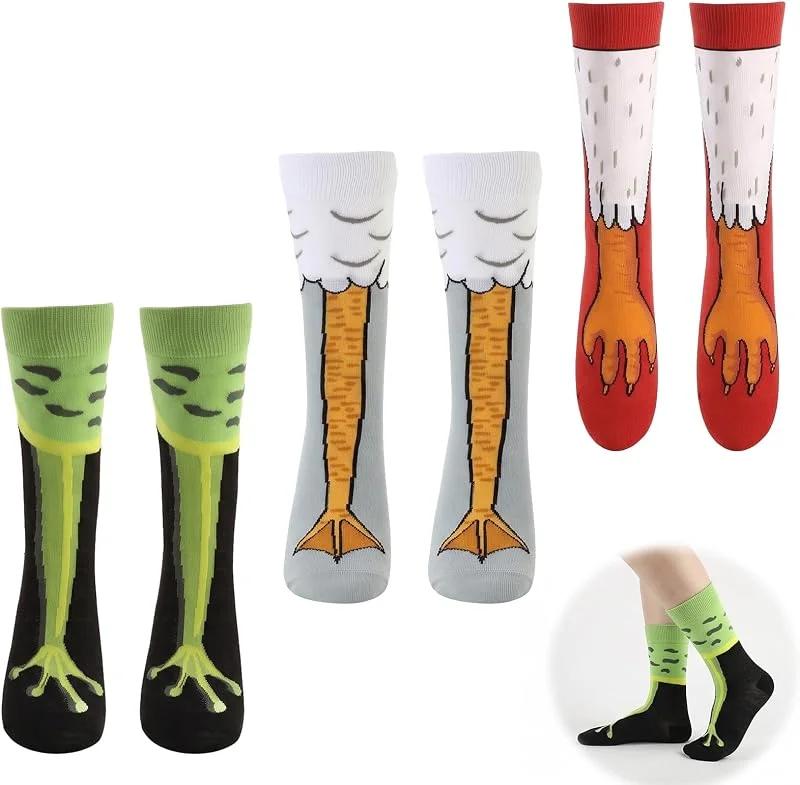 QALPOM 3 Pares de Calcetines Graciosos de Patas de Pollo, Pato y Rana para Mujer y Niña, Medias Altas Divertidas de 32cm, Regalos Originales para Halloween, Cosplay y Fiestas Temáticas — Ropa Navidad