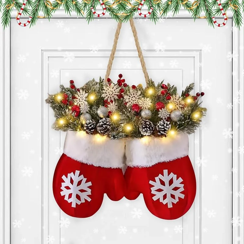 Skeadex Corona para puerta con iluminación navideña, guantes de Navidad, corona de Navidad para puerta con iluminación, batería, LED, decoración de puerta, decoración de puerta, corona de Navidad para puerta — Decoracion Navidad