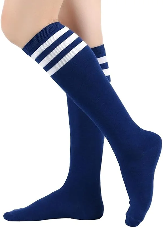 BrightGlow Medias hasta la rodilla para mujer, calcetines altos retro con rayas, muslo largo, calcetines altos, medias a rayas, calcetines deportivos, talla única — Ropa Navidad