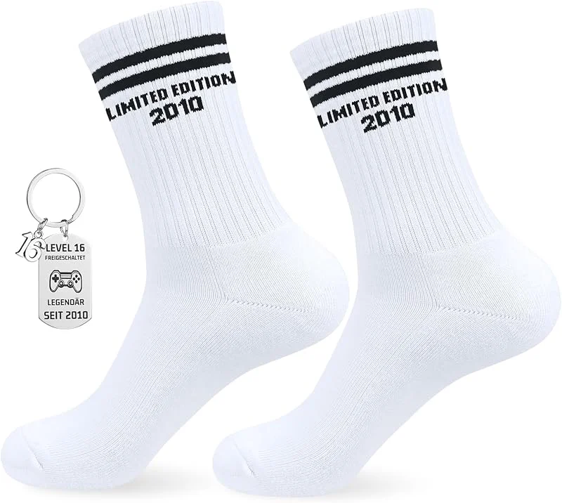 Wareet Regalo 16 18 30 40 Cumpleaños Set, Divertidos Calcetines Regalo, Edición Limitada Cumpleaños Calcetines con Llavero, Algodón Divertido Deportes Calcetines de Tenis Hombres Mujeres — Decoracion Navidad