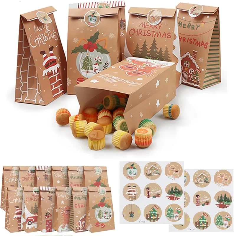 Visita la tienda de XWCHASA 12 bolsas de papel pequeñas de Navidad, bolsas de regalo de Navidad con pegatinas, bolsas de regalo, bolsas de papel kraft para Navidad, regalos de invitados — Envoltorio regalo