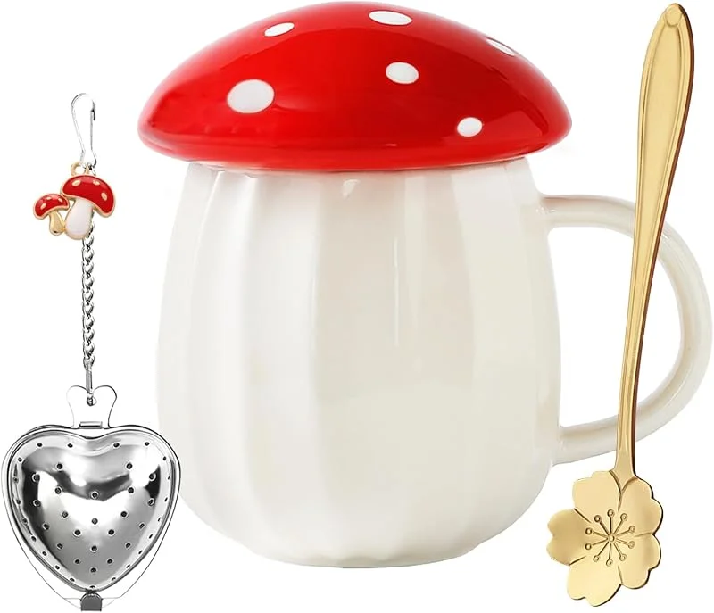 Yalucky Kawaii Taza de champiñones tazas de té con tapa, diseño de hongos para leche, café, té, seta taza con tapa, regalos para niñas, mujeres, cumpleaños, Navidad, decoración del hogar — Adviento y mesa