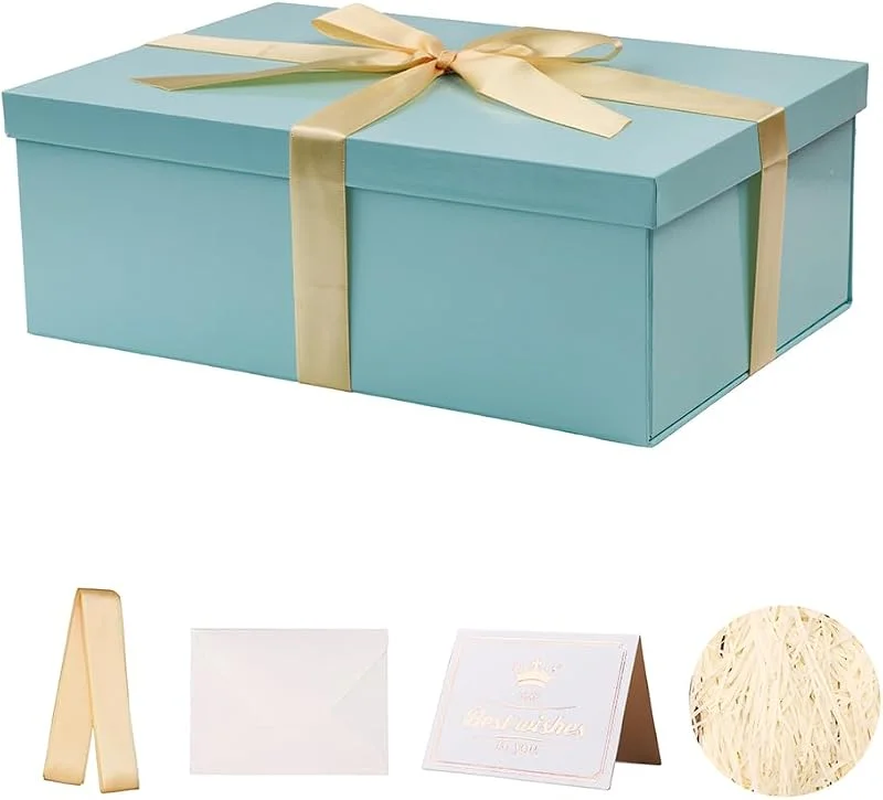 KdmNzoo Caja de regalo Azul con tapa 31.5 x 21.5 x 11 cm, Cajas de Regalo Premium con Tapa y Cinta para Regalos de San Valentín, Navidad Incluye Papel seda triturado Tarjetas sobre — Envoltorio regalo