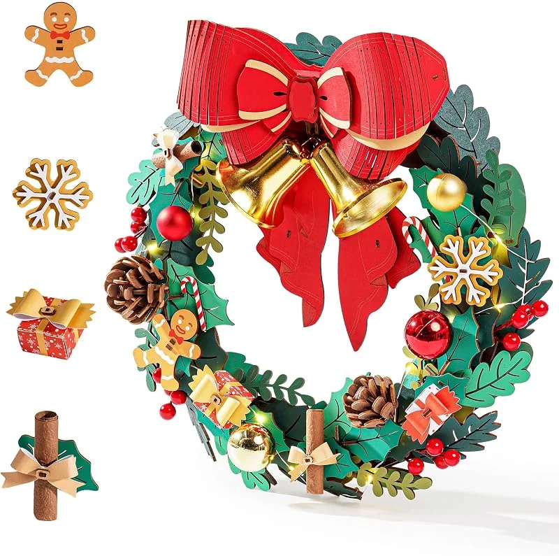 Visita la tienda de Rolife Rolife Rompecabezas 3D para adultos, coronas de Navidad para puerta delantera, corona de eucalipto artificial para todas las estaciones, corona interior y exterior con lazo rojo y campana dorada, LED — Decoracion Navidad