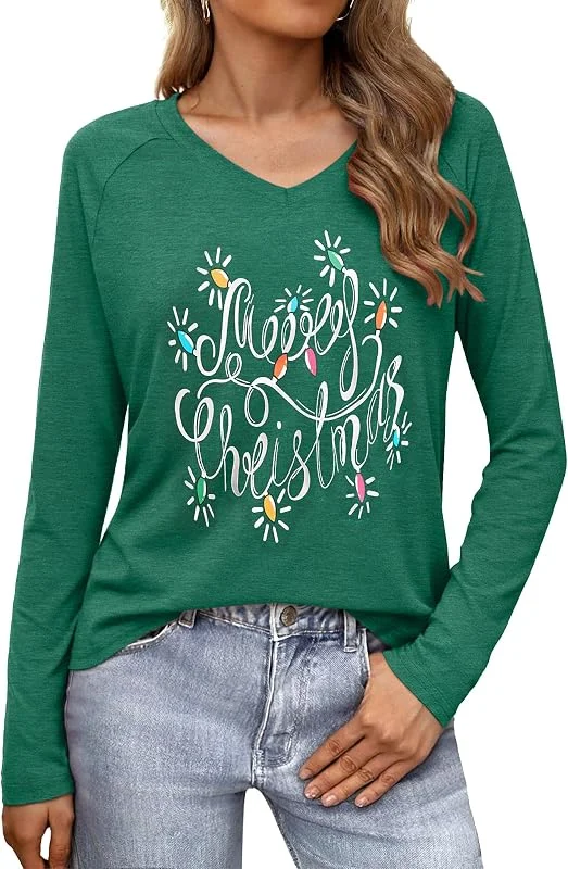 Visita la tienda de Terecey Terecey Camiseta de Navidad para mujer, manga larga, cuello en V, holgada, divertida, camiseta de Navidad, feo jersey de Navidad, para otoño e invierno, S-XXL — Ropa Navidad