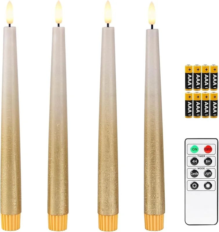 Visita la tienda de Fanna Fanna 4 Velas LED cónicas sin llama con temporizador, Velas a Pilas de candelabros metálicos rústicos con mando a distancia, 8 baterías incluidas, Altura 24, 5cm - gris arena, dorado — Cena a la luz de velas