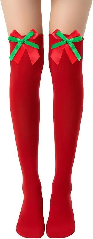 Geyoga Medias de Rayas de Navidad hasta el Muslo con Lazo para Mujer Disfraz Cosplay Fiesta — Ropa Navidad