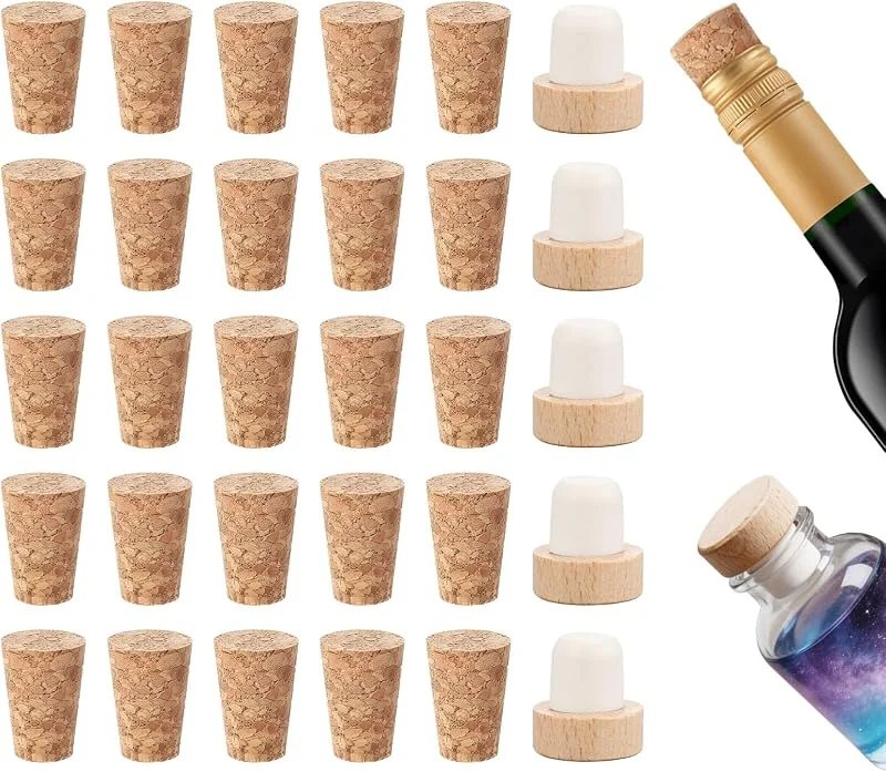 Dianfen Juego de 30 tapones de corcho de madera blanda, tapón de botella de madera, corchos cónicos reutilizables para botellas de vino, para hogares, restaurantes, clubes, bares (25 conos + 5 en forma de T) — Vino y mesa festiva