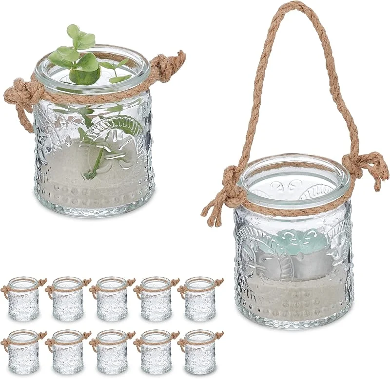 Visita la tienda de Relaxdays Relaxdays Portavelas, Set 12, Tarro con Asa, Interior y Exterior, 7 x 6 cm, Porta Velas Té Bodas, Transparente, Marrón — Cena a la luz de velas