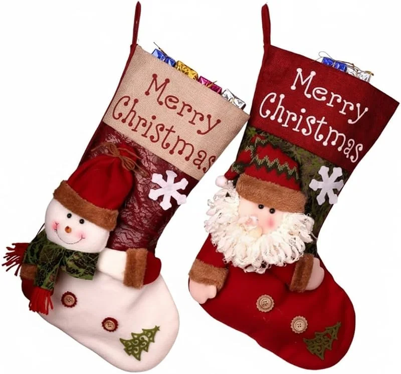 Rusudiy Set de 2 Calcetines de Navidad 3D Extra Grandes (45 cm) de Algodón y Fieltro, con Papá Noel y Muñeco de Nieve, Decoración Navideña para Chimenea, Árbol o Escalera, Colgar Regalos o Dulces — Decoracion Navidad
