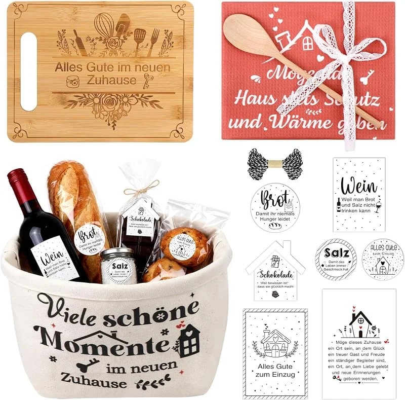 FTUREERA Set de regalo de inauguración de casa, tabla de cortar, cesta de pan, paño de cocina, cuchara de cocina, tarjeta y pan, sal, vino, chocolate, pegatinas, idea de regalo, regalo nuevo — Vino y mesa festiva