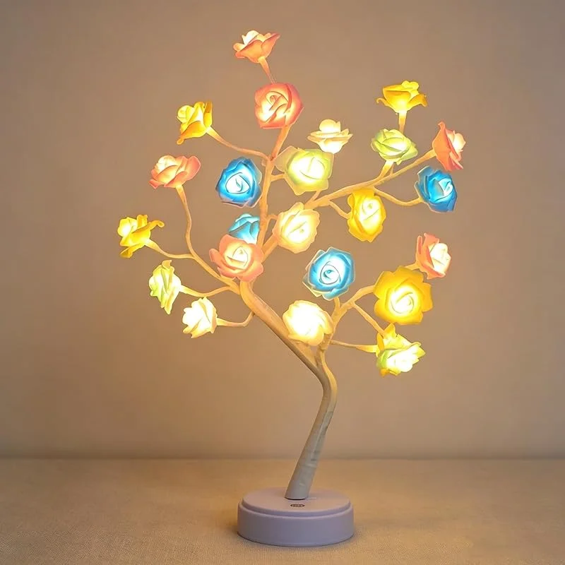 ANBET 24 LED Rose Flower Tree Lamp, lámpara de mesa LED de rosas, bonita flor iluminada para el día de la madre, hogar, dormitorio, San Valentín, Navidad, Pascua, boda, fiesta, decoración, color — Cena a la luz de velas