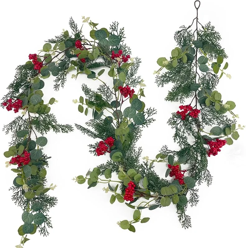 Visita la tienda de SHEPIN SHEPIN Guirnalda de Navidad de 1, 8 m, guirnalda de pino artificial como real, pino verde eucalipto, bayas rojas, verde abeto, guirnalda de Navidad, decoración para exteriores — Decoracion Navidad