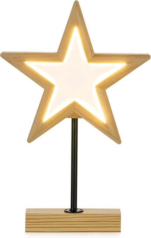 Romadedi Estrella de Navidad de pie iluminada: altura de 36 cm, pequeña estrella de Navidad LED de madera con pilas, para colocar en el interior, ventana, mesa, salón, decoración — Decoracion Navidad