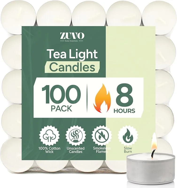 Zuvo Velas tealight blancas sin aroma, 100 unidades, duración 8 horas — Cena a la luz de velas