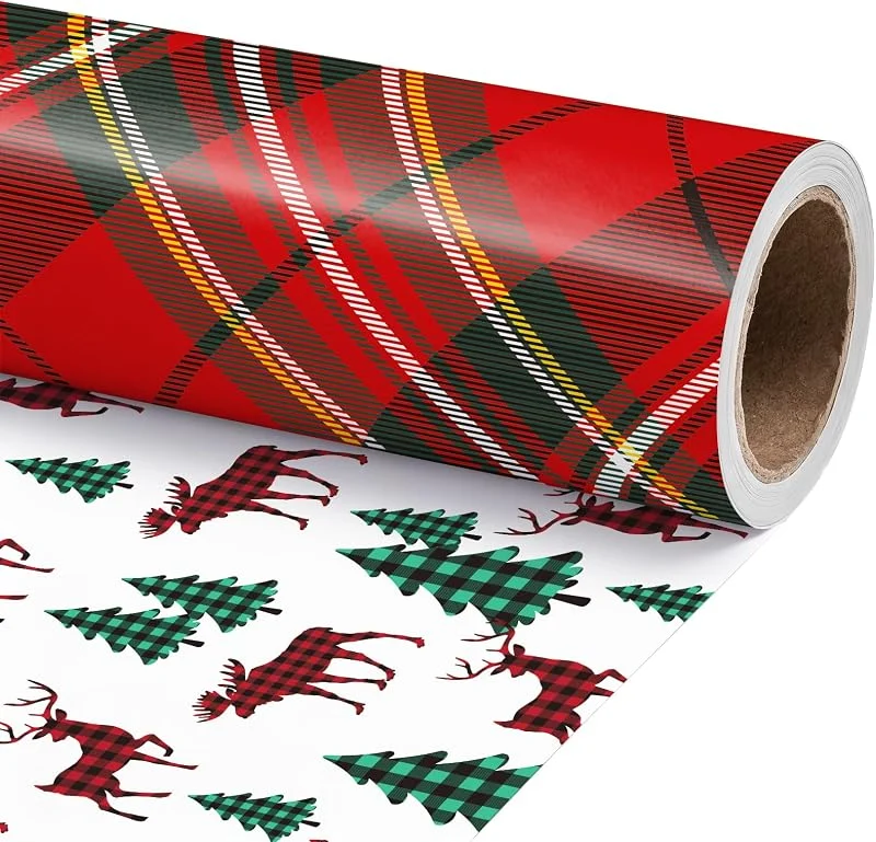 Visita la tienda de RUSPEPA RUSPEPA Mini rollo, de papel, de regalo navideño reversible, clásico tartán rojo verde, y lindo estampado, de árbol, de Navidad, de renos, 43.2cm x 10m — Envoltorio regalo