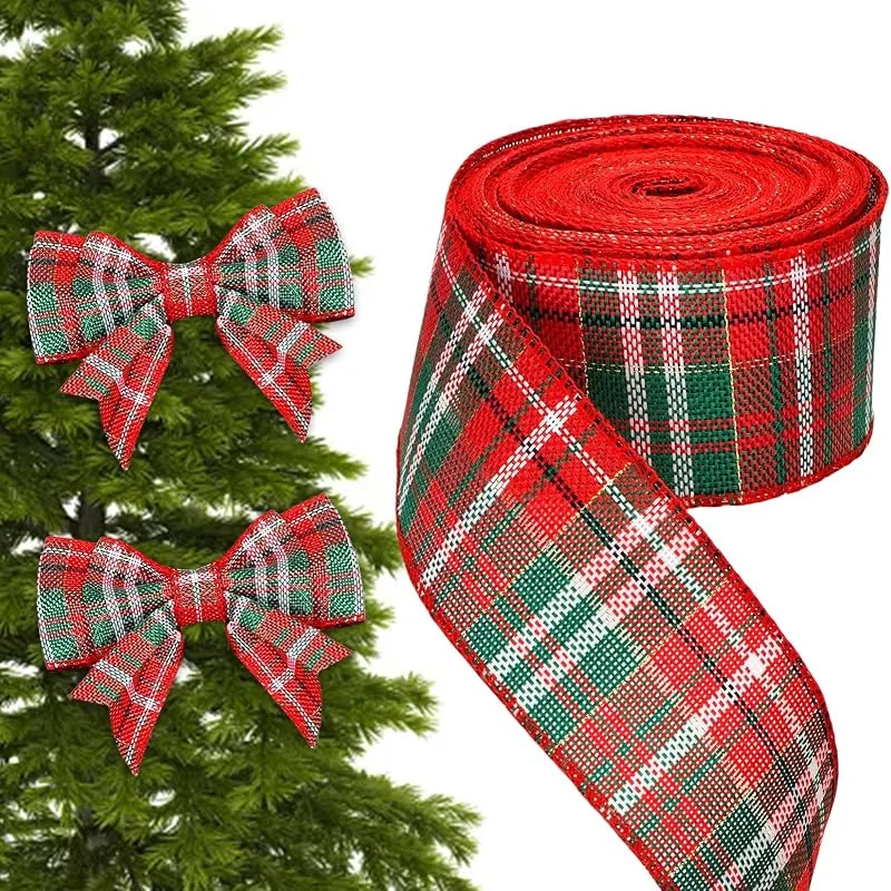 TTSVECD Cinta Navideña Ancha, Cinta de Cuadros Tela de Arpillera para Árbol de Navidad Envolver Regalo Puerta Coronas Arcos Gigantes Lazo Boda Decoración, Cintas Navideños Manualidades 6CM*10M Rojo y Verde — Envoltorio regalo