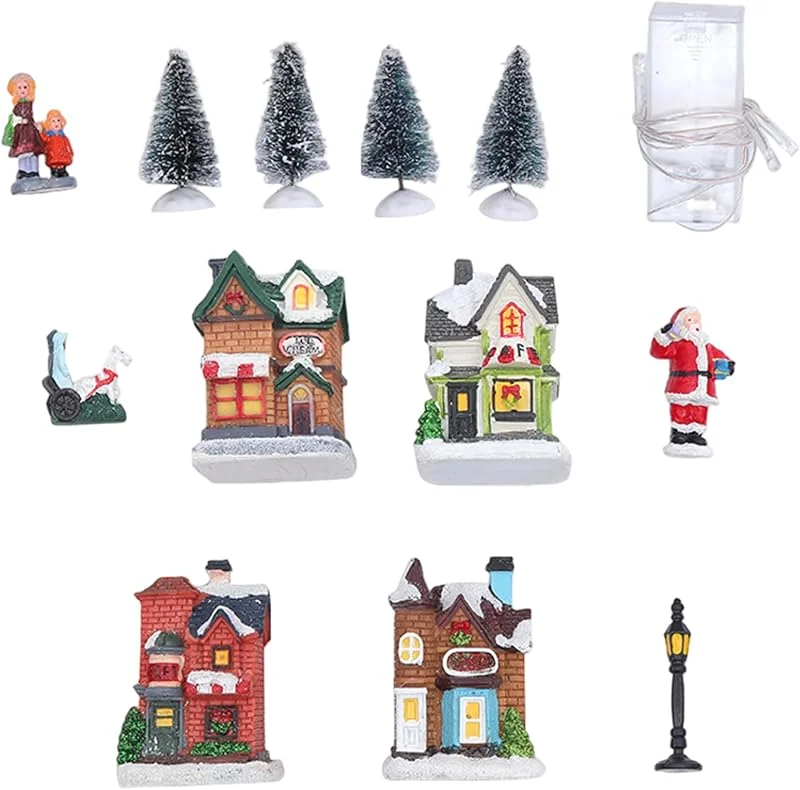 AZIDWERYQ Pueblo Navideño, Conjuntos De Pueblo Navideño 10 Piezas, Juego Iluminados En Miniatura Simulación De Invierno Resina Decorativa Conjuntos De Casas Adosadas De Navidad, Sin Batería — Decoracion Navidad