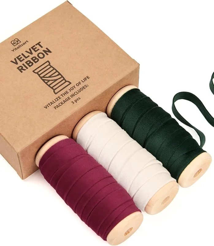 Visita la tienda de Vitalizart Vitalizart Cinta Terciopelo Verde Oscuro & Blanco & Burdeos 0, 95 cm x 13, 7m — Envoltorio regalo