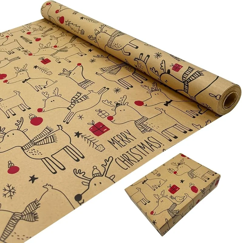 MJNEDY Papel de regalo navideño para envolver regalos: rollo de papel de regalo Kraft impreso con patrón festivo Reno 43cm x 15M Papel de regalo reciclable — Envoltorio regalo