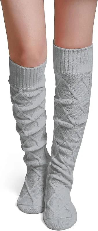 Becotal Calcetines gruesos y cálidos para mujer, calcetines altos por encima de la rodilla, calcetines altos con patrón trenzado, calcetines de invierno — Ropa Navidad