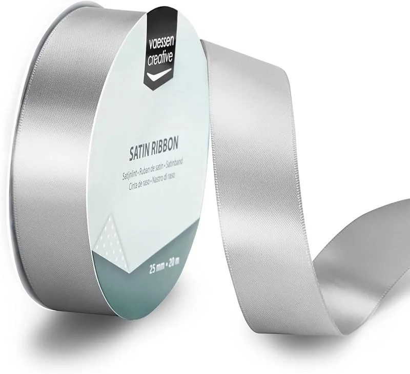 Vaessen Creative Cinta de Raso Plata Claro - 20 m x 25 mm - para Lazos, Regalos, Decoraciones, Boda, Atrapasueños y más Manualidades — Envoltorio regalo