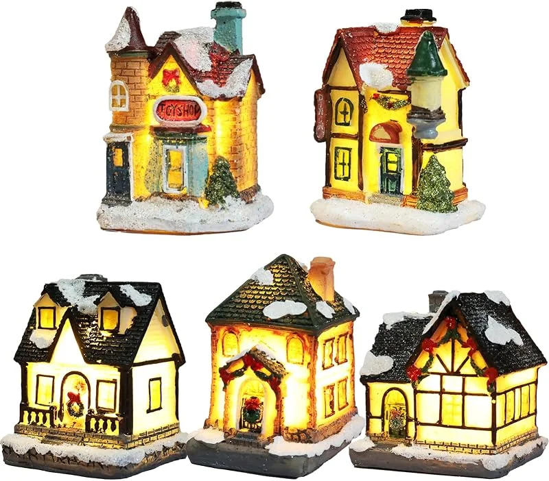 ariarly Juego de 5 piezas de pueblo de Navidad con iluminación LED, casas de pueblo de Navidad, invierno, pueblo de nieve, edificios coleccionables, decoración para interiores y exteriores — Decoracion Navidad