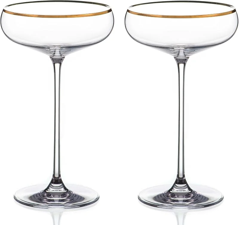 DIAMANTE Crystal Champagne Coupes - Juego de 2 platillos de cóctel con borde dorado real pintado a mano — Vino y mesa festiva