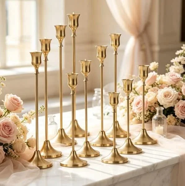 Quimbyrich 12 candelabros dorados de metal con alturas 23, 19, 15 cm — Cena a la luz de velas