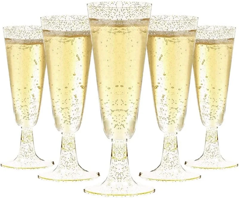 LATERN 50 Piezas Brillo Dorado Copas de Champán, 150ml Copas de Champán de Plástico Copas de Vino de Fiesta con Tallo Reutilizables para Fiestas de Aniversario Bodas Jardín (5, 5 x 16, 5cm) — Vino y mesa festiva