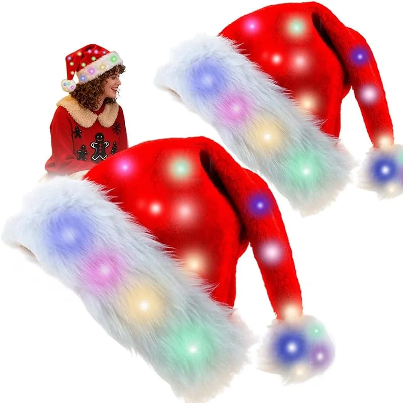 CLIUNT 2 Piezas Gorro de Papá Noel, Gorro de Navidad con luces LED, Gorros de Navidad luminoso, Sombrero de Santa, Regalos para Fiesta de Navidads, Año — Ropa Navidad