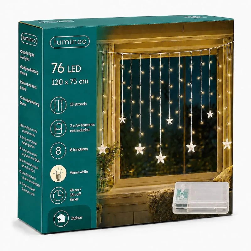 Lumineo Cortina de luces LED, 120 x 75 cm, estrellas con 13 hilos, 76 ledes — Luces Navidad