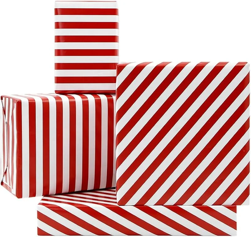 Boerni Papel de regalo rojo y blanco para mujeres y hombres, diseño de bastón de caramelo, papel de regalo de Navidad, 4 hojas plegadas, para cumpleaños, vacaciones, bodas, baby shower — Envoltorio regalo