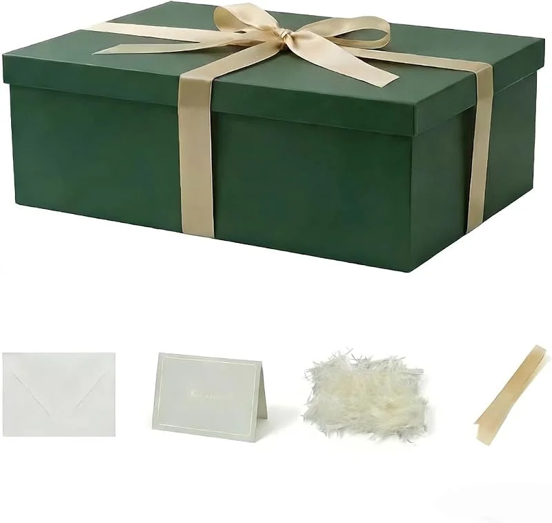 KdmNzoo Caja de regalo grande Verde con tapa 42 x 32 x 15, 5 cm, Cajas de Regalo Premium con Tapa y Cinta para Regalos de San Valentín, Navidad Incluye Papel seda triturado Tarjetas sobre — Envoltorio regalo